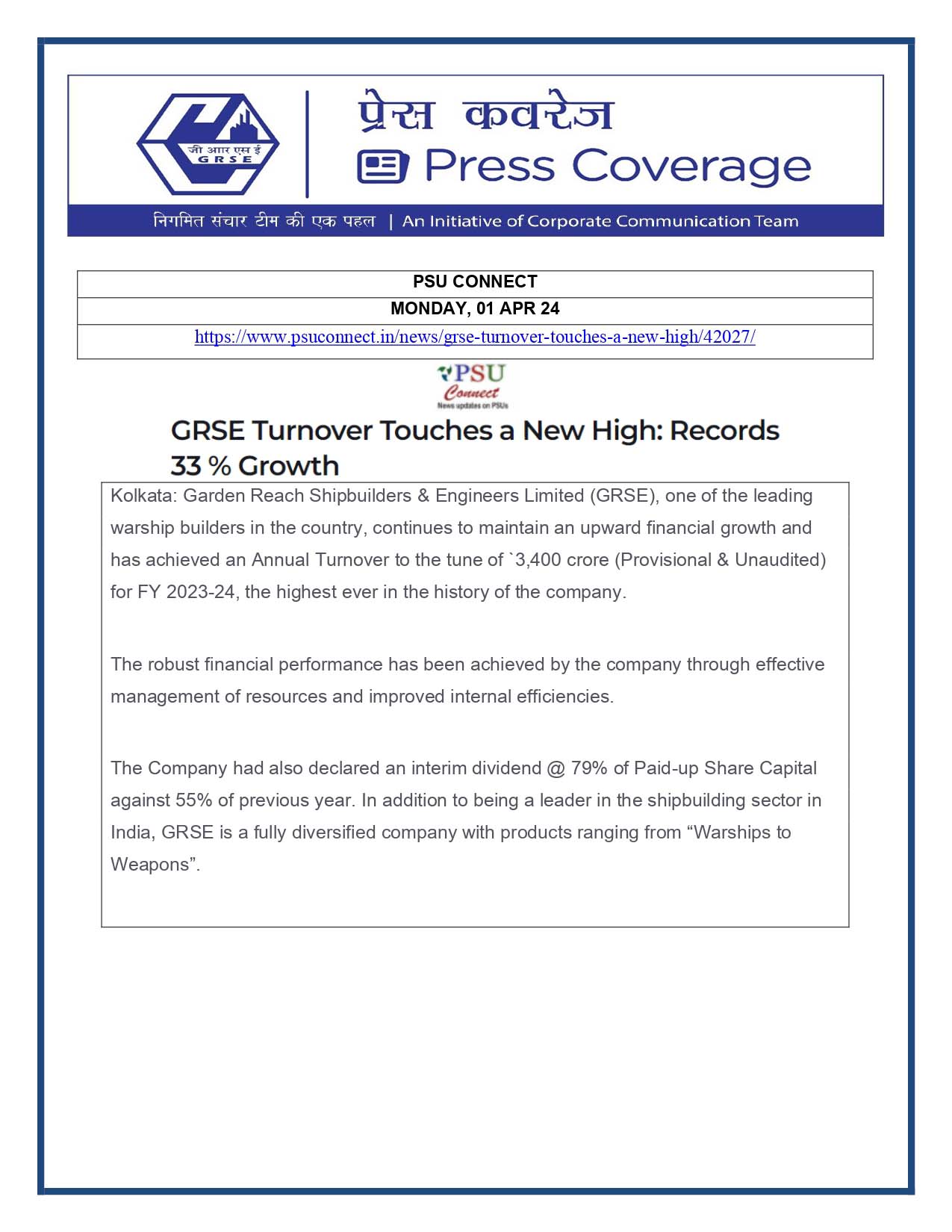 Press Coverage : PSU Connect, 01 Apr 24 : GRSE Turnover Touches New High : Records 33% Growth